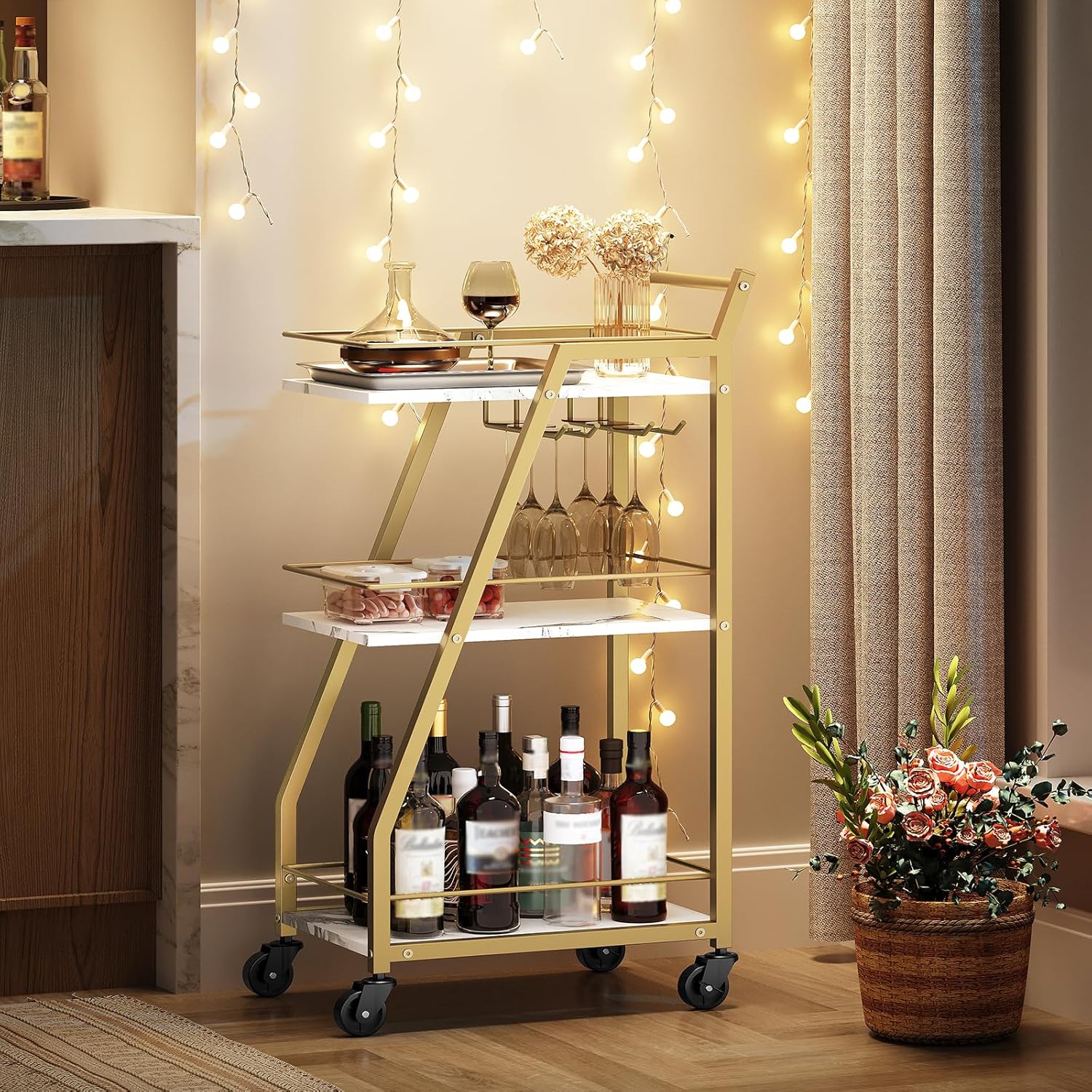 Bar Cart, Gold Bar Cart for The Home, Small Bar Cart on Wheels, Beverage Cart, Home Bar Serving