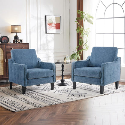 VINGLI Mid Century Modern Accent Chair Set of 2,Navy Blue Chenille Chairs for Living Room