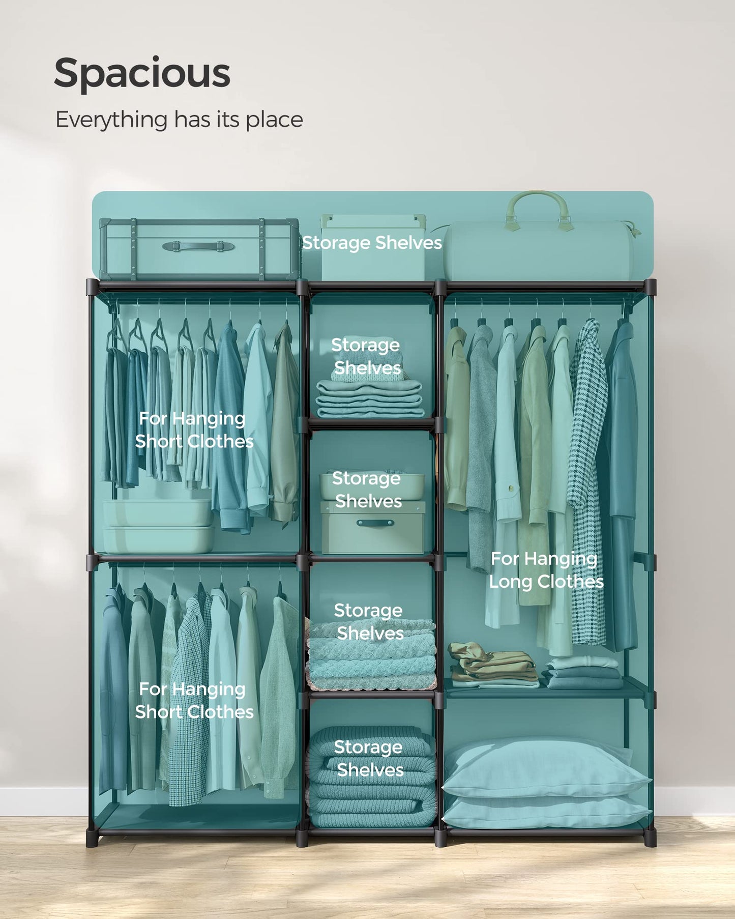 SONGMICS Portable Closet, Freestanding Closet Organizer, Clothes Rack with Shelves, Hanging Rods