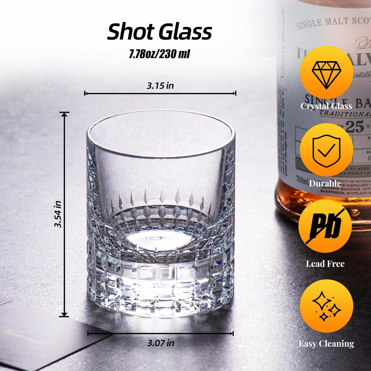KAMMAK Crystal Whiskey Glasses Set of 2, Luxury 7.78oz Old Fashioned Glasses Stemless, Hand Blown