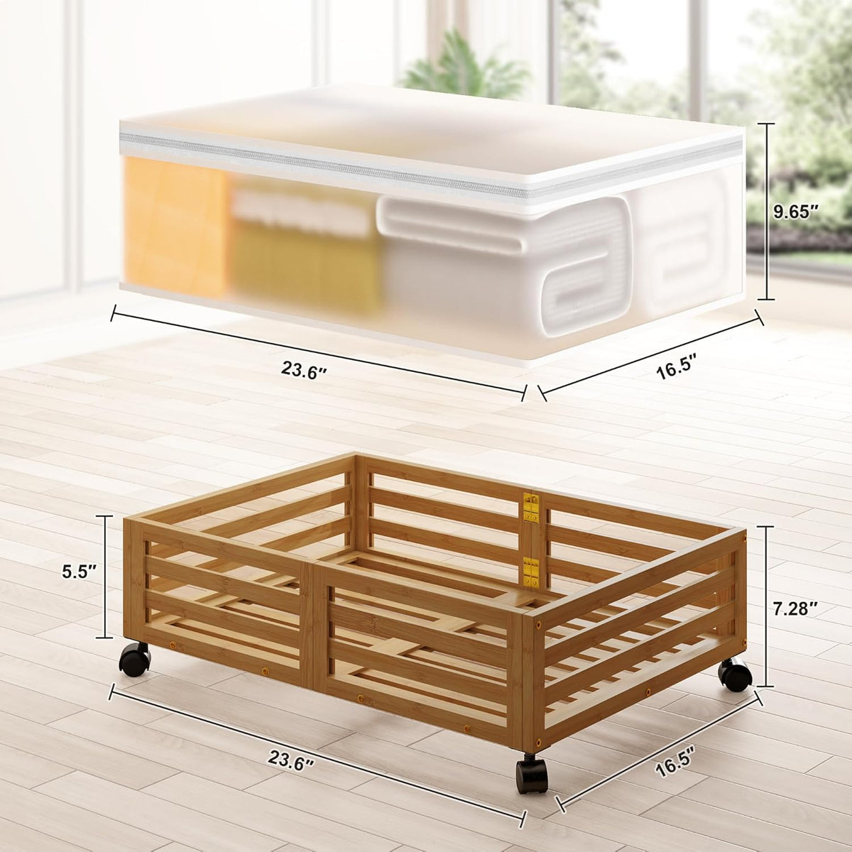 Under Bed Storage with Wheels-Large Bamboo Underbed storage Containers with Large Dust Bag
