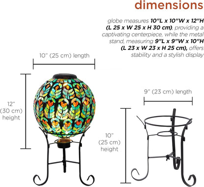 Alpine Corporation GRS926A-SLR Solar Gazing Globe w/Mosaic Peacock Feather Design & Metal Stand