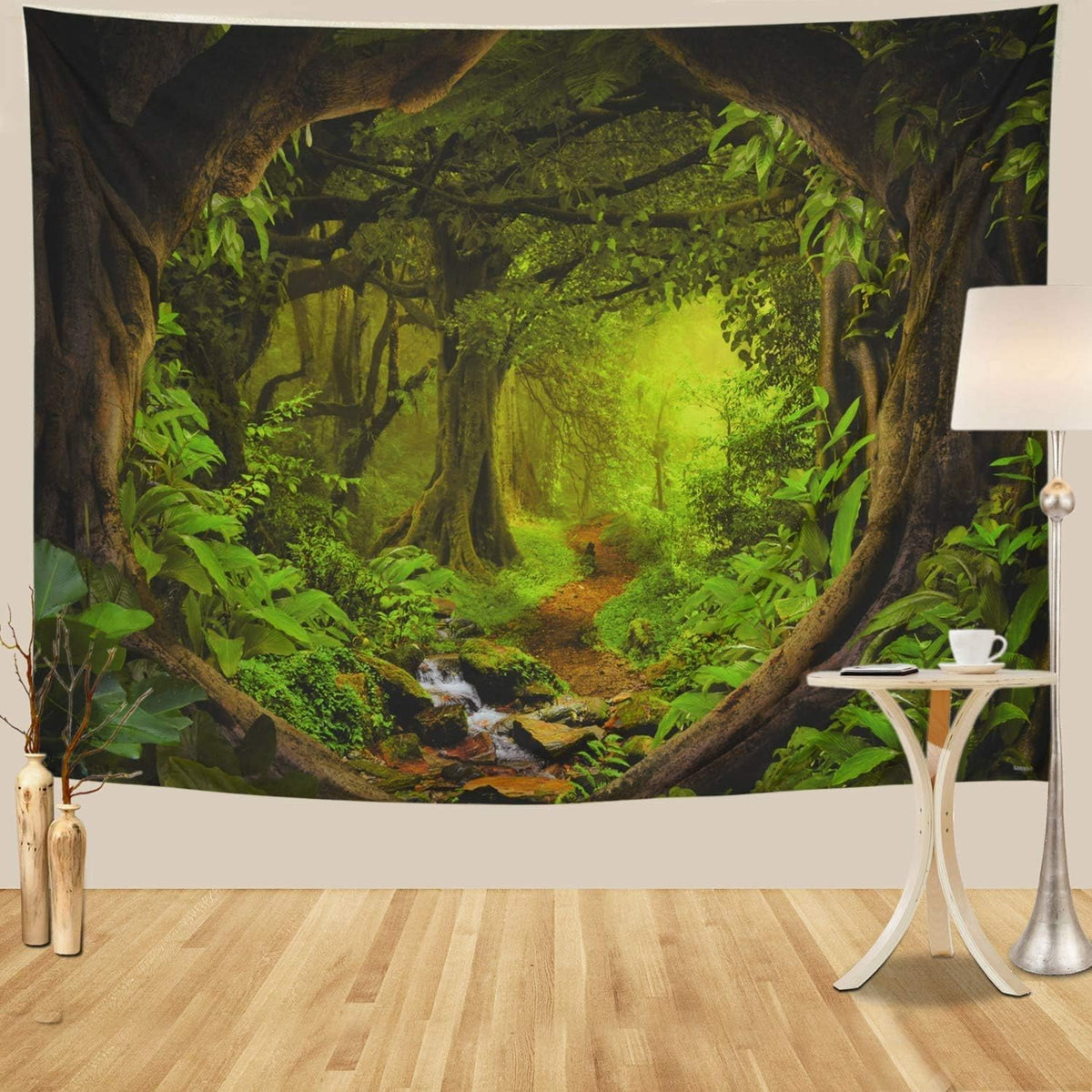 Tushelia Forest Nature Tree Cave Wall Hanging - Misty Forest Stream Through Rainforest Landscape