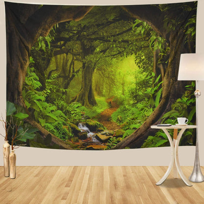 Tushelia Forest Nature Tree Cave Wall Hanging - Misty Forest Stream Through Rainforest Landscape