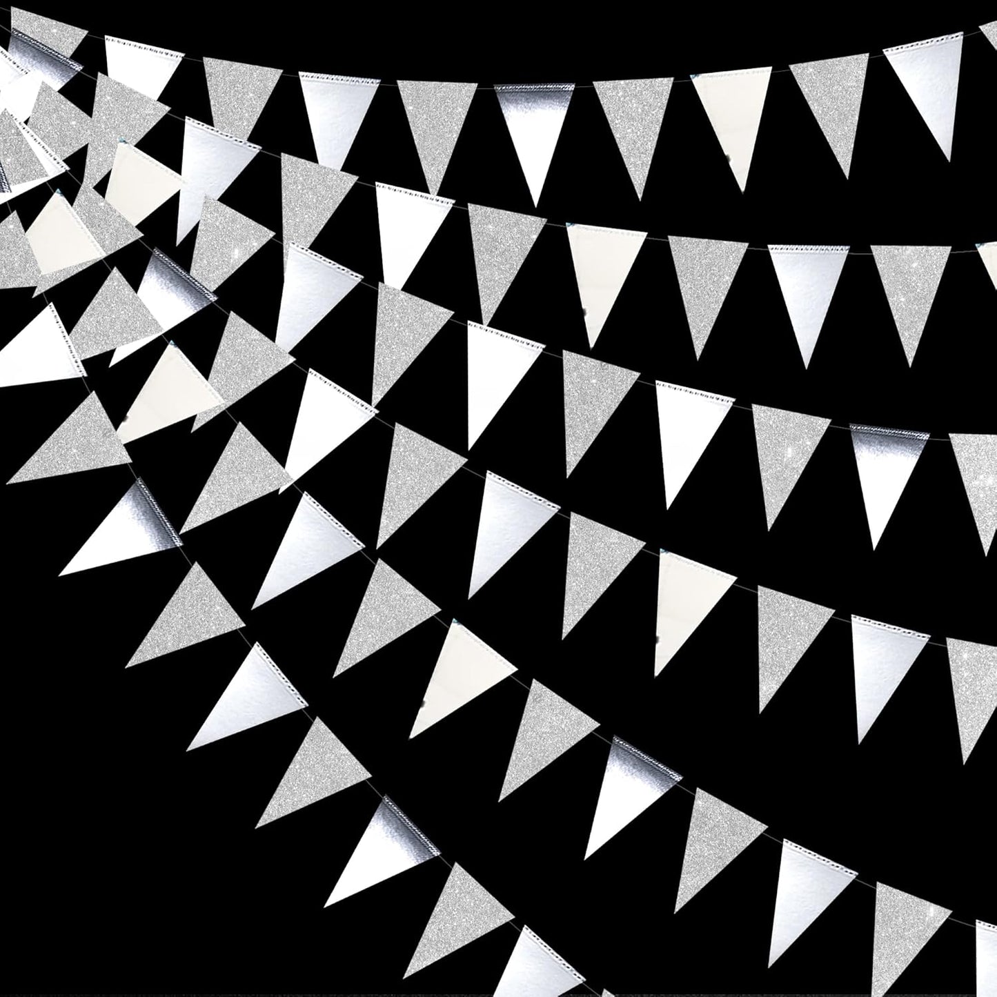 30 Ft Silver Party Decorations Glitter Metallic Paper Triangle Banner Flag Garland Pennant Bunting