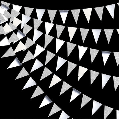 30 Ft Silver Party Decorations Glitter Metallic Paper Triangle Banner Flag Garland Pennant Bunting
