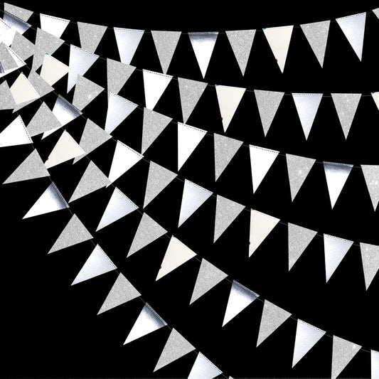 30 Ft Silver Party Decorations Glitter Metallic Paper Triangle Banner Flag Garland Pennant Bunting