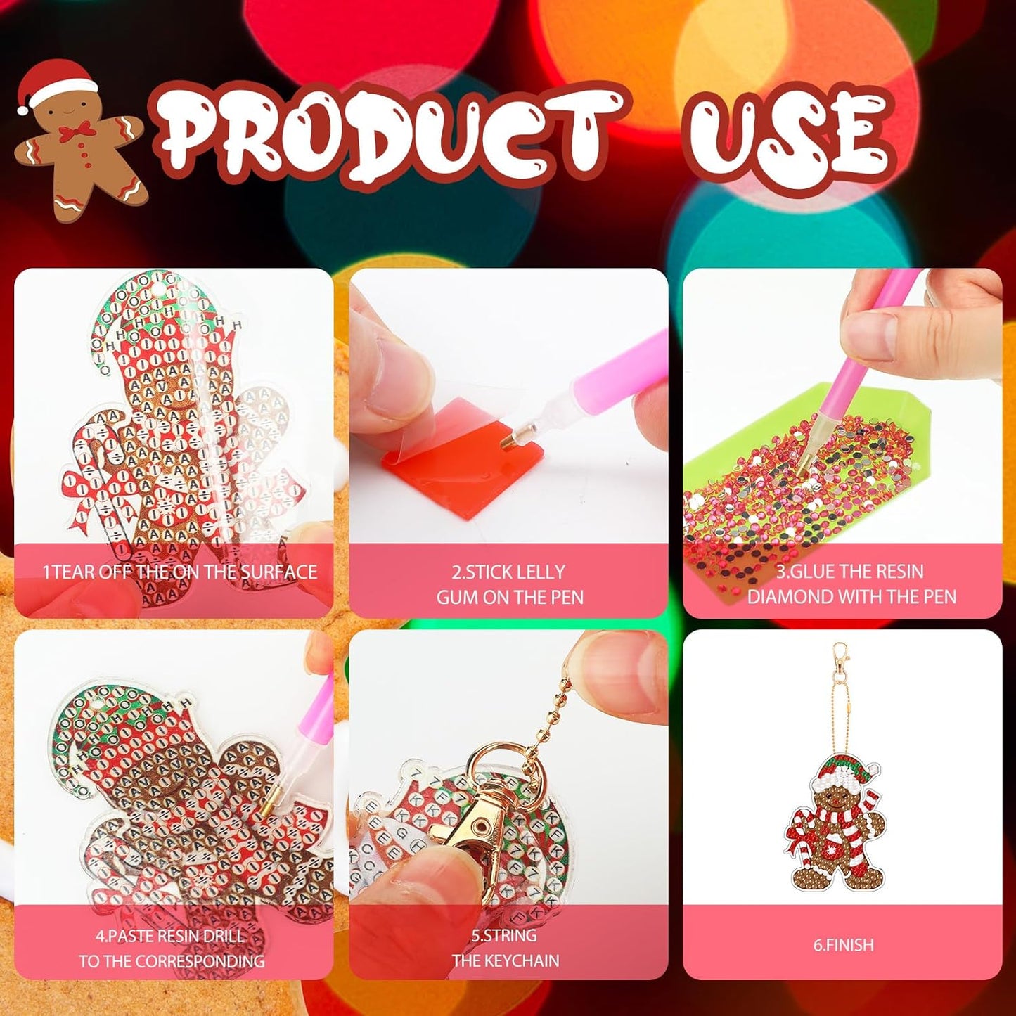 Tondiamo 20 Pcs Christmas Diamond Painting Keychain Kits 5D DIY Diamond Art Pendants Double Sided