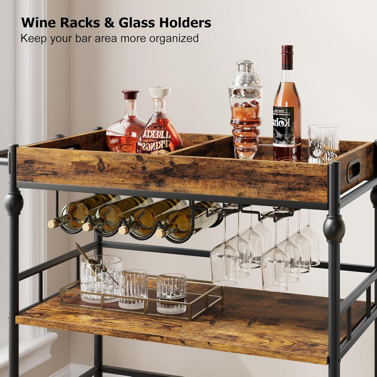 Bar Cart, Bar Carts for The Home, 3 Tier Serving Cart with Wheels, Home Bar & Serving Carts, Metal
