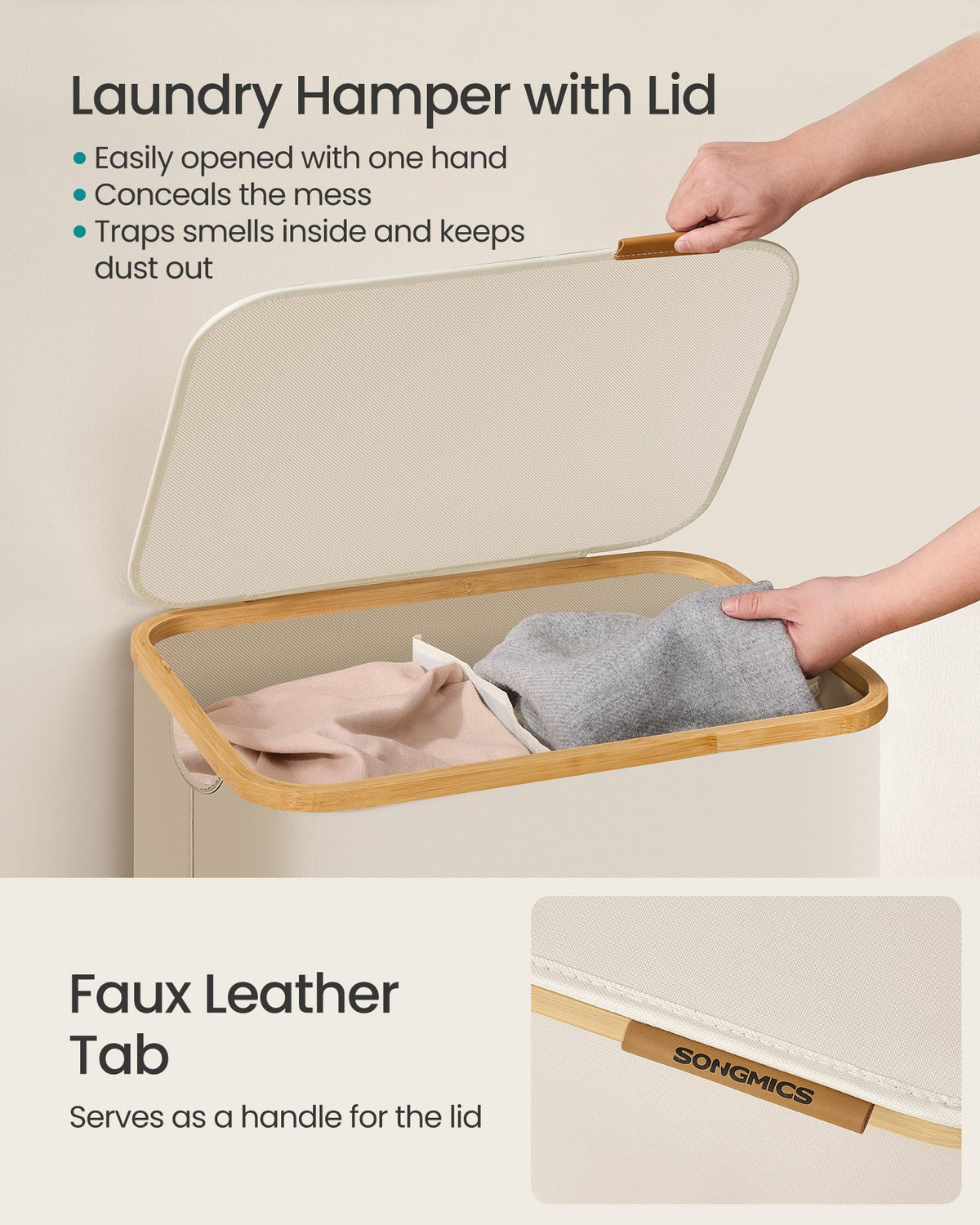SONGMICS Laundry Hamper, Laundry Basket with Lid, Foldable Storage Basket, Bamboo Frame, for
