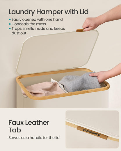 SONGMICS Laundry Hamper, Laundry Basket with Lid, Foldable Storage Basket, Bamboo Frame, for