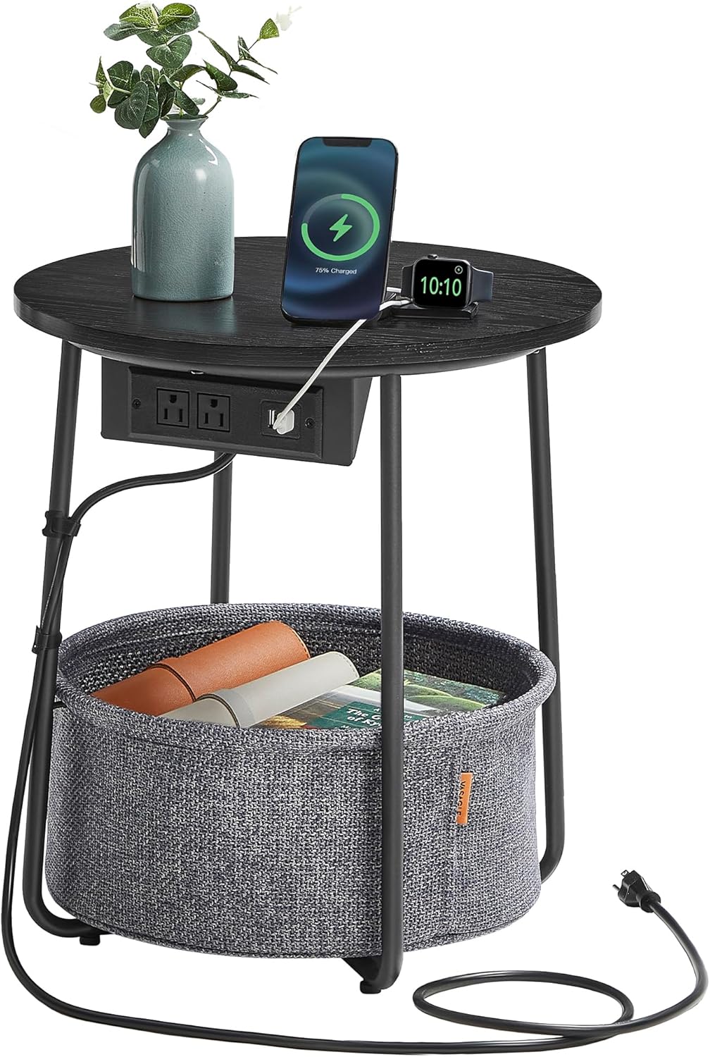 VASAGLE Side Table with Charging Station, Round End Table with Fabric Basket, Nightstand with Power