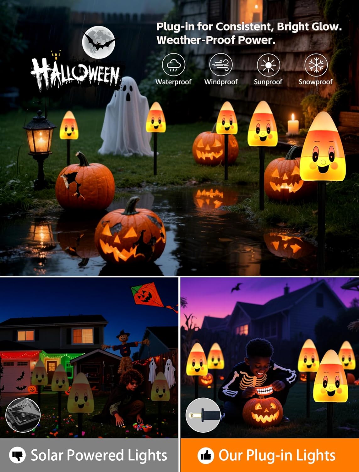 5 Pack Enchanting Candy Corn Pathway Lights Outdoor, UL Certified Plug-in Halloween Decorations