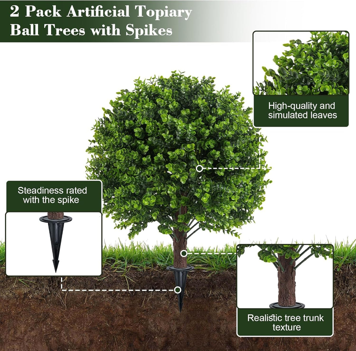 Artificial Boxwood Topiary Outdoor Plants with Spike, 2 Pack Faux Bushes UV Resistant Fake Shrubs