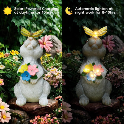 Solar Bunny Statues Light with Butterfly LED - Auto On/Off Weathproof Resin Garden Figurine Decor