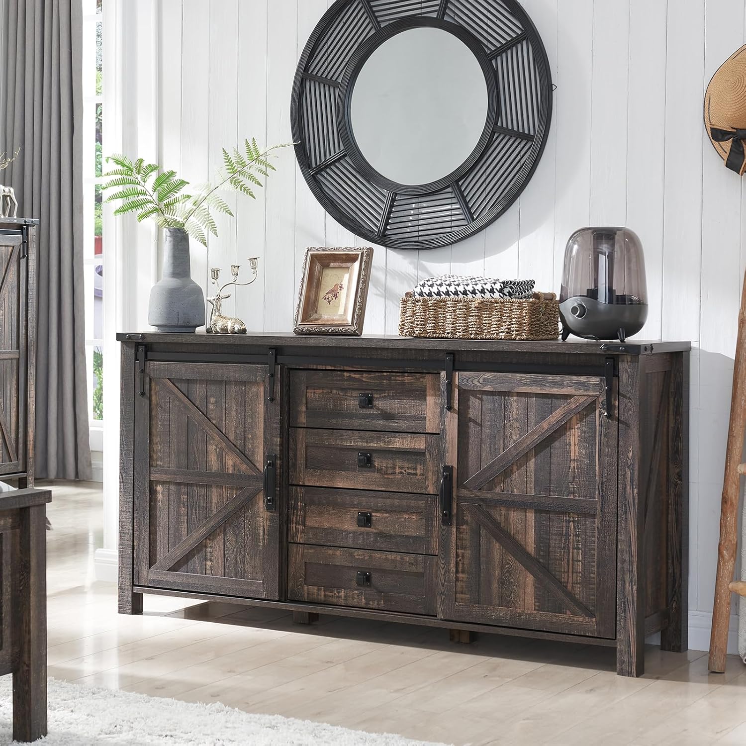 T4TREAM 60'' Farmhouse Dresser Chests for Bedroom w/4 Drawers & Sliding Barn Doors, Wide Dresser TV
