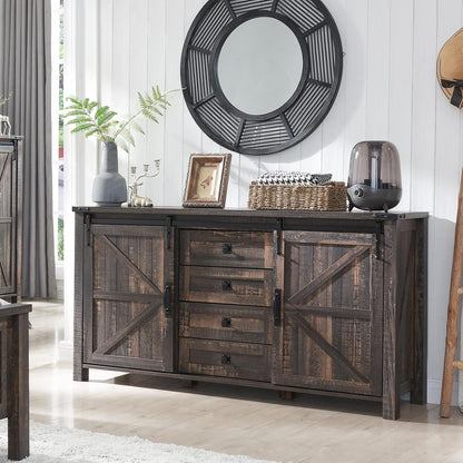 T4TREAM 60'' Farmhouse Dresser Chests for Bedroom w/4 Drawers & Sliding Barn Doors, Wide Dresser TV