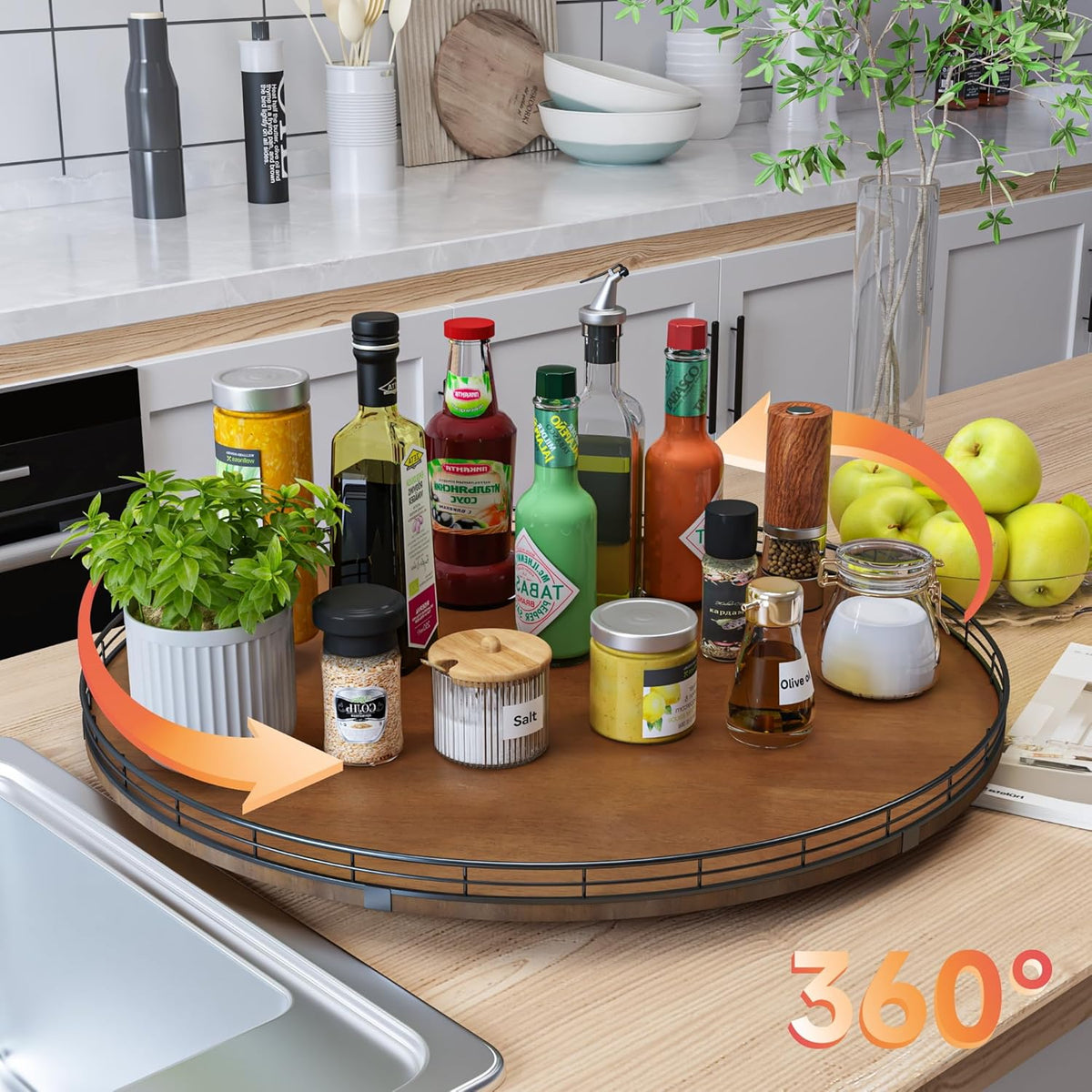 Farmhouse Oak 24" Lazy Susan Turntable Organizer for Cabinet, Round Wooden Lazy Susan Organization