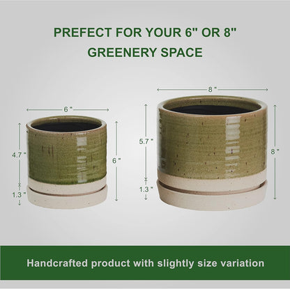 6 + 8 Inch Plant Pots, Ceramic Planter Pot with Drainage Hole & Saucer, Indoor/Outdoor Cylinder