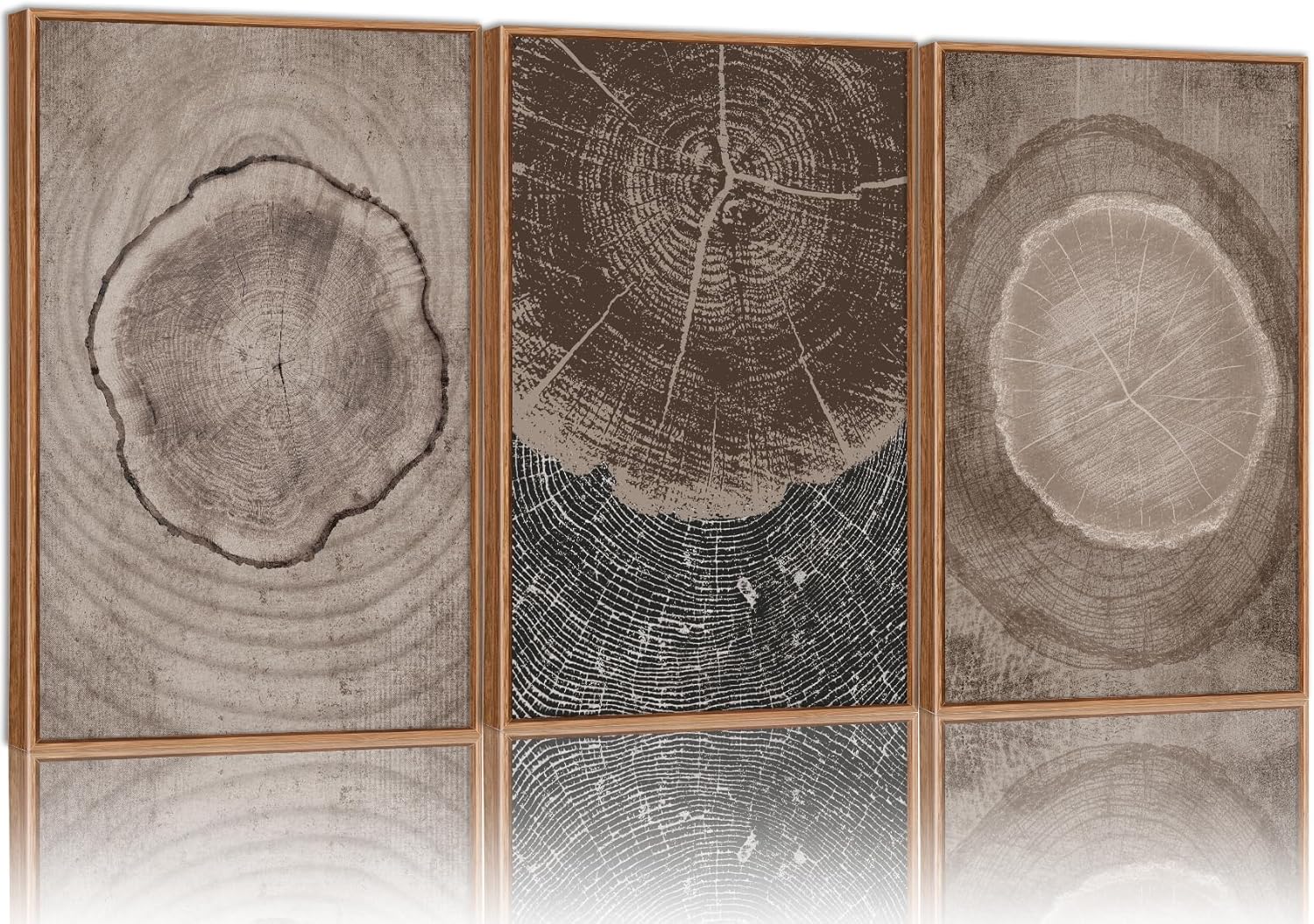 SIGNINART Beige Tree Ring Framed Canvas Wall Art Set, Abstract Black and White Rustic Wood Wall