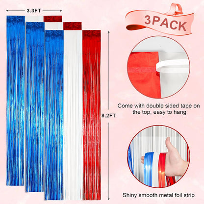 3 Pack 3.3 x 8.2 ft Red White and Blue Foil Fringe Backdrop Curtains, Tinsel Streamers Party