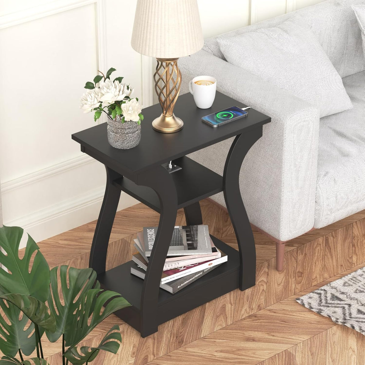 End Table with Charging Station, Side Table with USB Ports and Outlets, Nightstand, 3 Tier End