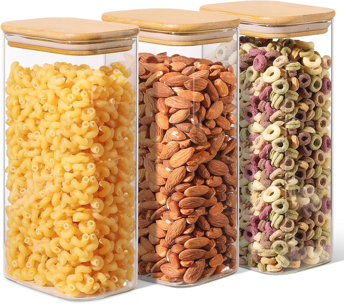 ComSaf 1.8 Qt Rectangle Glass Storage Containers with Lids, Glass Jars with Bamboo Lids, Clear Food