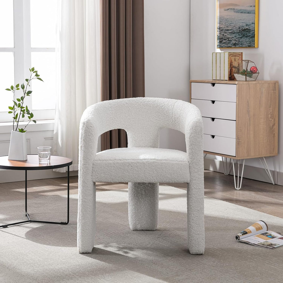 White Boucle Dining Chairs Set of 4, Modern Barrel Dining Room Chairs Upholstered Faux Fur Accent