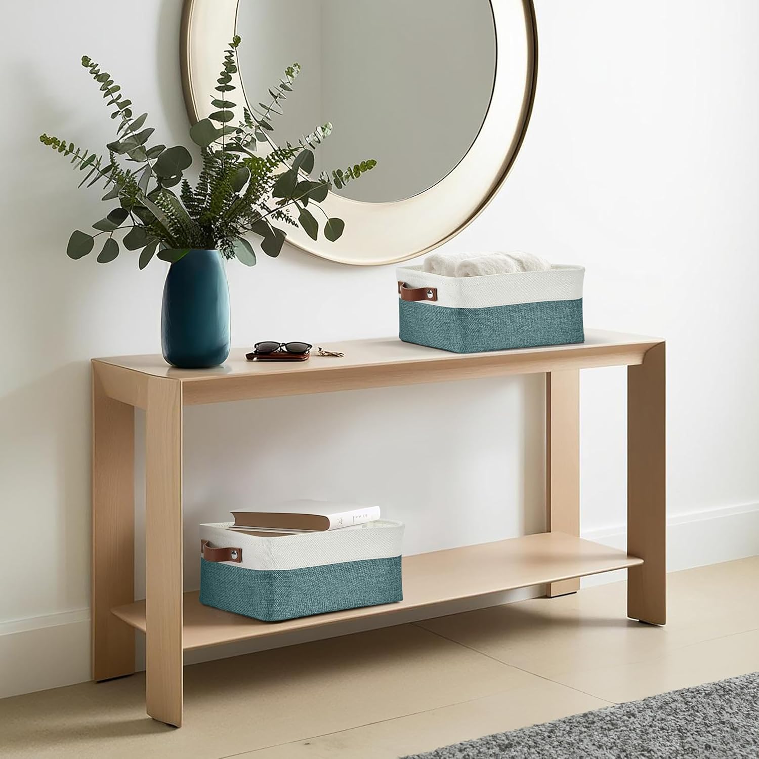 DECOMOMO Small Storage Basket, Closet Storage Bins, Baskets for Organizing Shelves (Teal & White