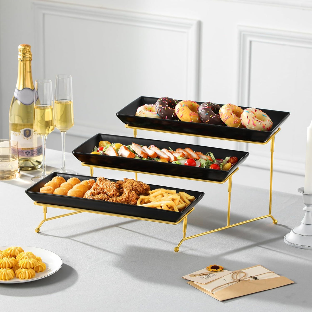 MALACASA 3 Tier Serving Trays for Party, 14 Inch Porcelain Black Trays for Serving Food, Dessert