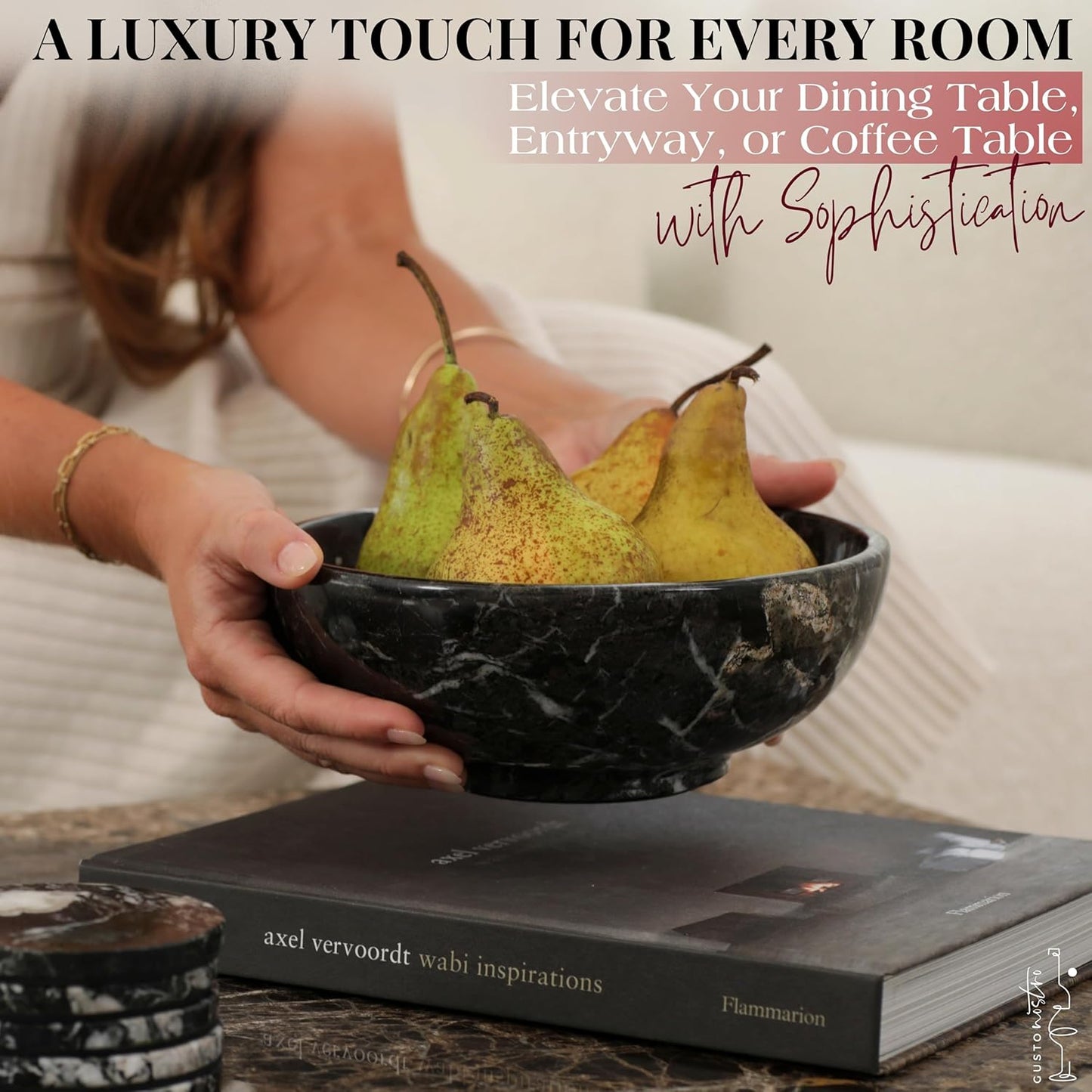 Gusto Nostro 8" Luxury Black Marble Decorative Bowl for Coffee Table - Elegant Modern Fruit Bowl