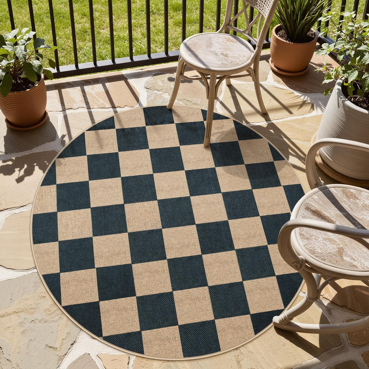 Lahome Checkered 4 ft Easy Jute Round Rug, Washable Small Rugs for Entryway Patio, Farmhouse Non