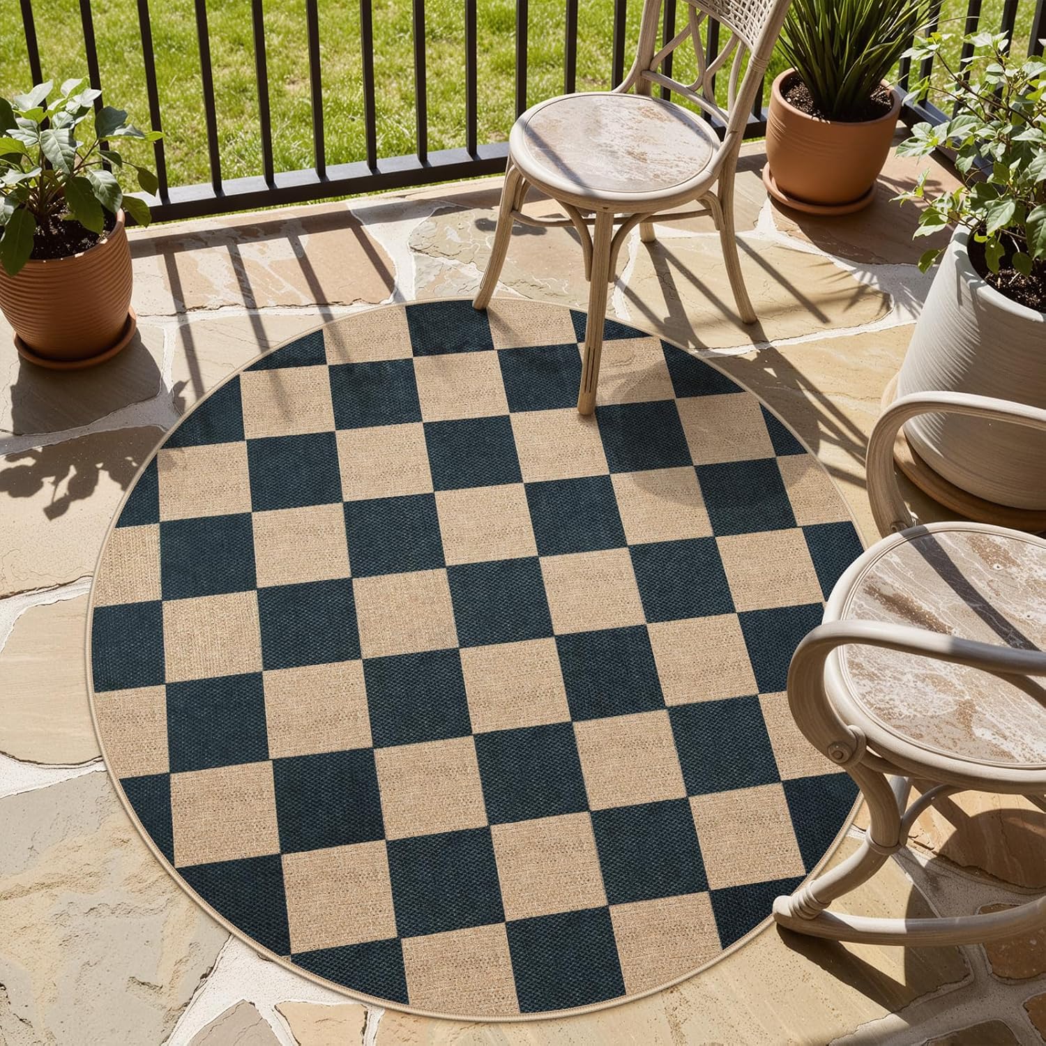 Lahome Checkered 4 ft Easy Jute Round Rug, Washable Small Rugs for Entryway Patio, Farmhouse Non