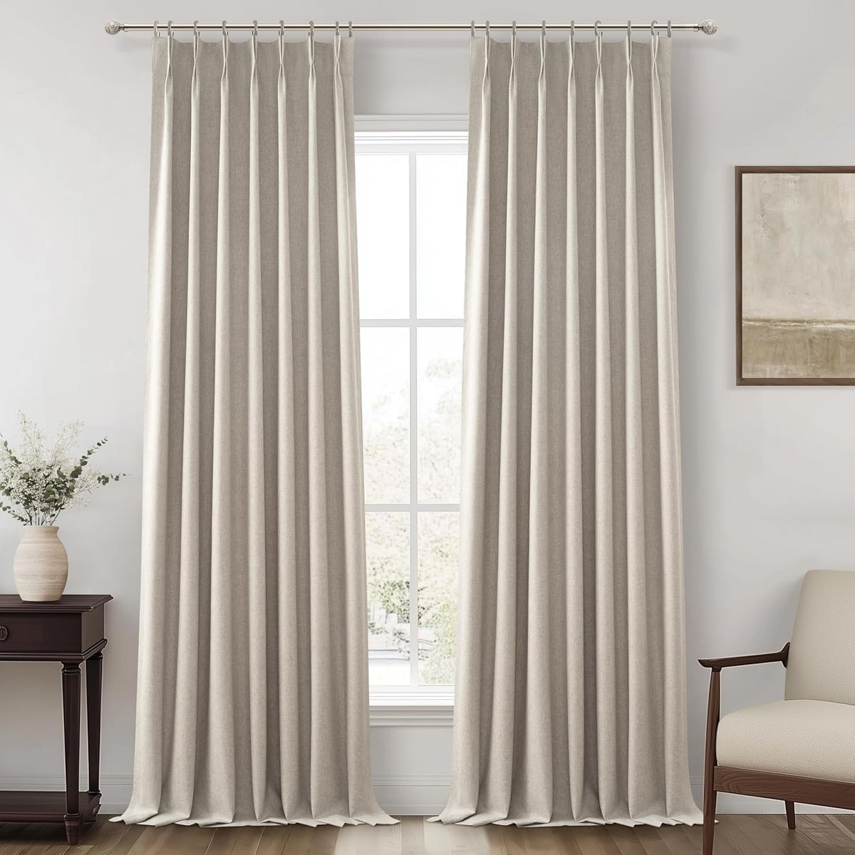 Grey Flax Beige 120 Inch Length Linen Pinch Pleated Viral Thick 10 ft Curtains Blackout & Drapes 2