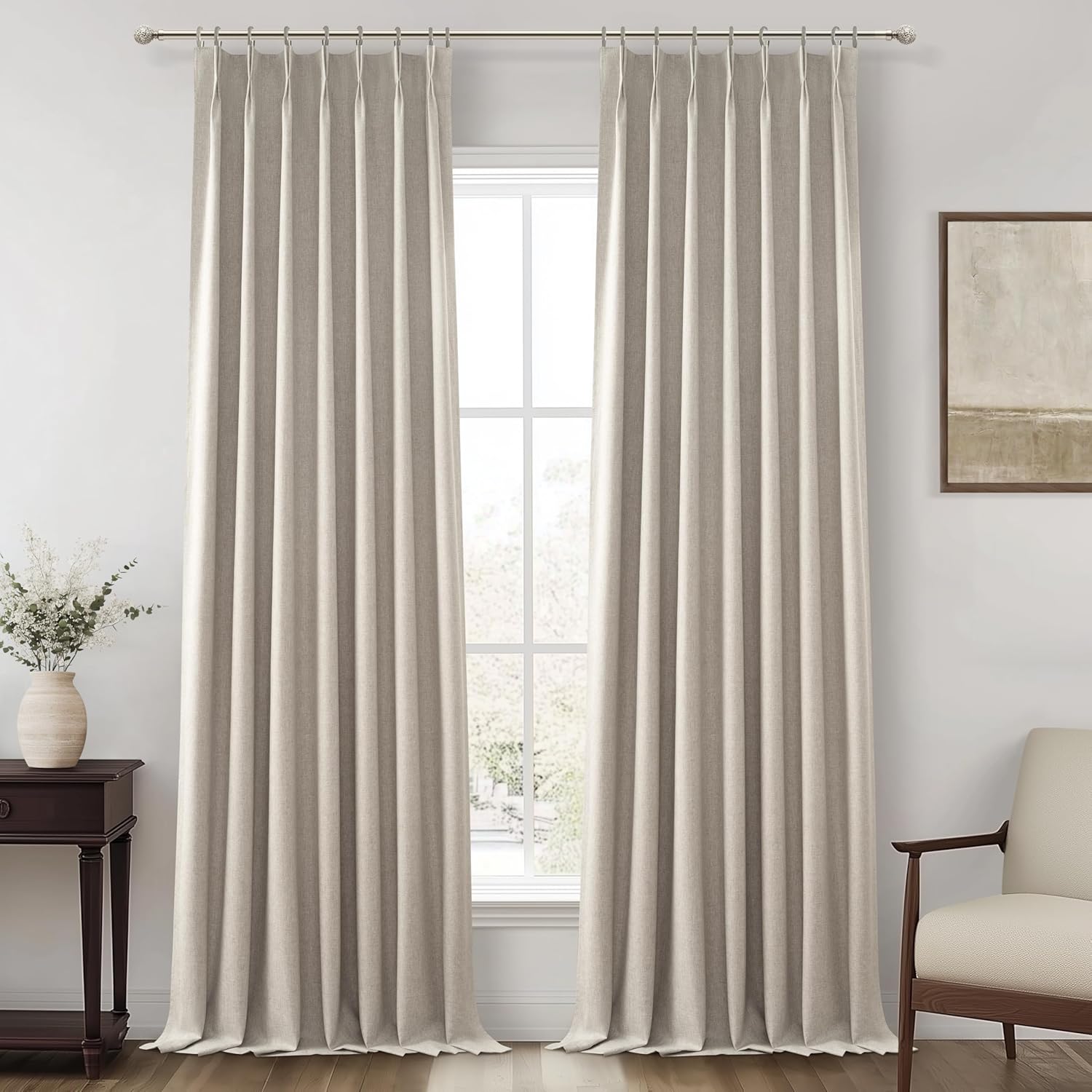 Grey Flax Beige 120 Inch Length Linen Pinch Pleated Viral Thick 10 ft Curtains Blackout & Drapes 2