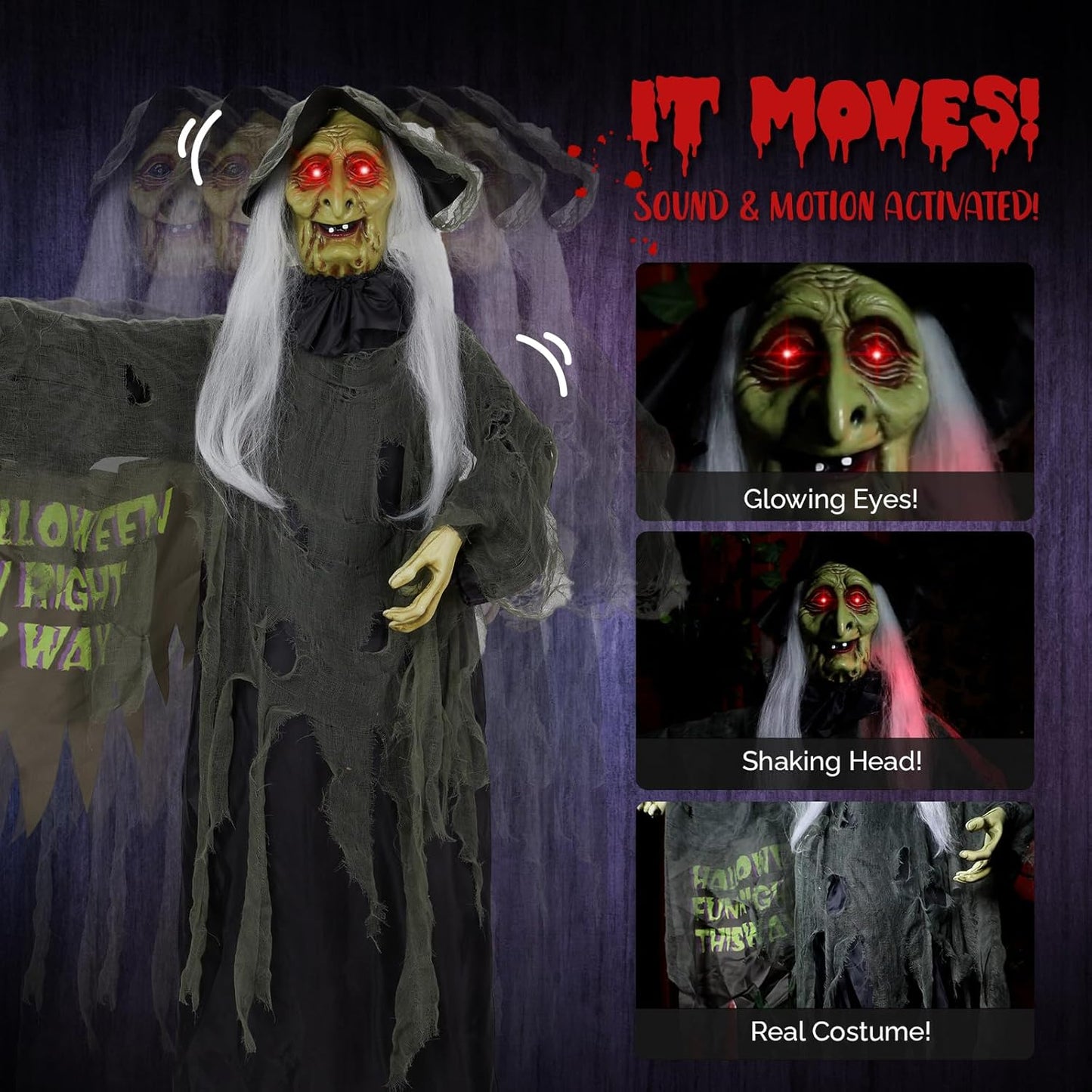 AW Animated Halloween Decorations,Scary Witch,6 FT Life Size Standing Clown,Motion/Sound Activated