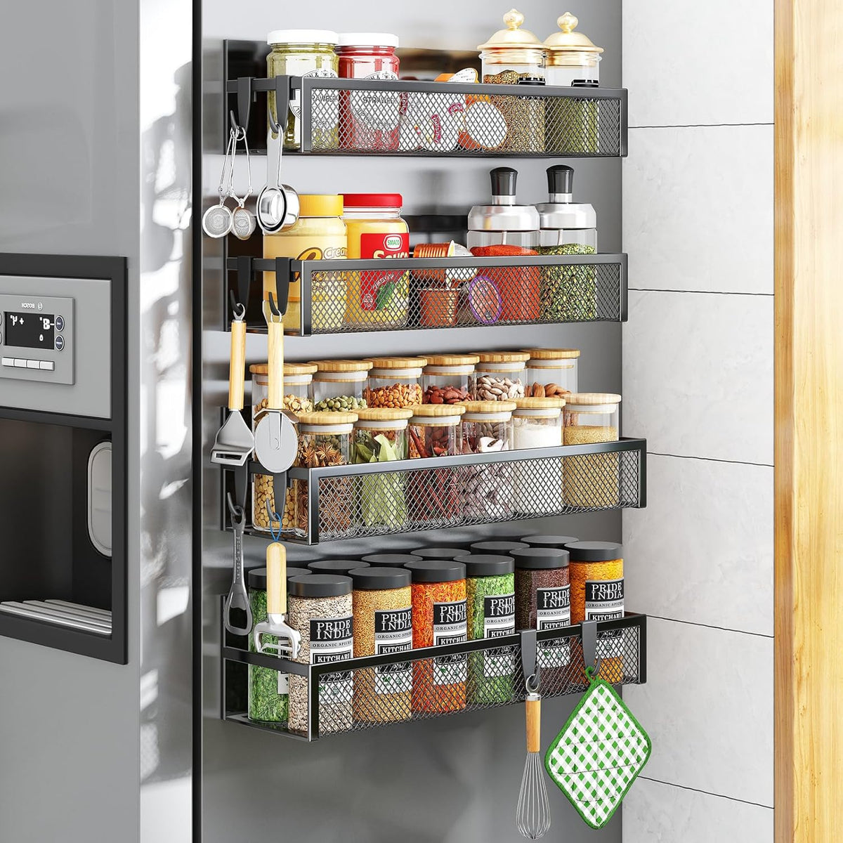 Magnetic Spice Rack for Refrigerator, 4 Pack Magnetic Shelf, Fridge Magnet Organizer with Moveable