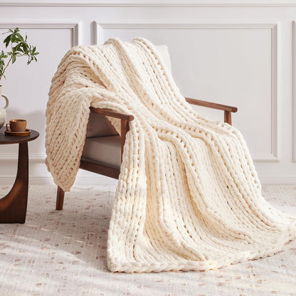 Chunky Knit Throw Blanket, 80''*90'' Knitted Throw Chenille Yarn for Bed Couch, Handmade Cream