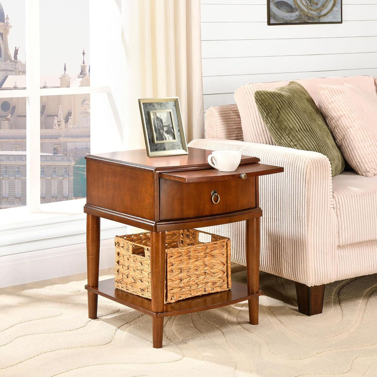 Set of 2 Solid Wood Square End Table with Drawer, 2 Tier Wooden Sofa Side Table with Sliding Shelf