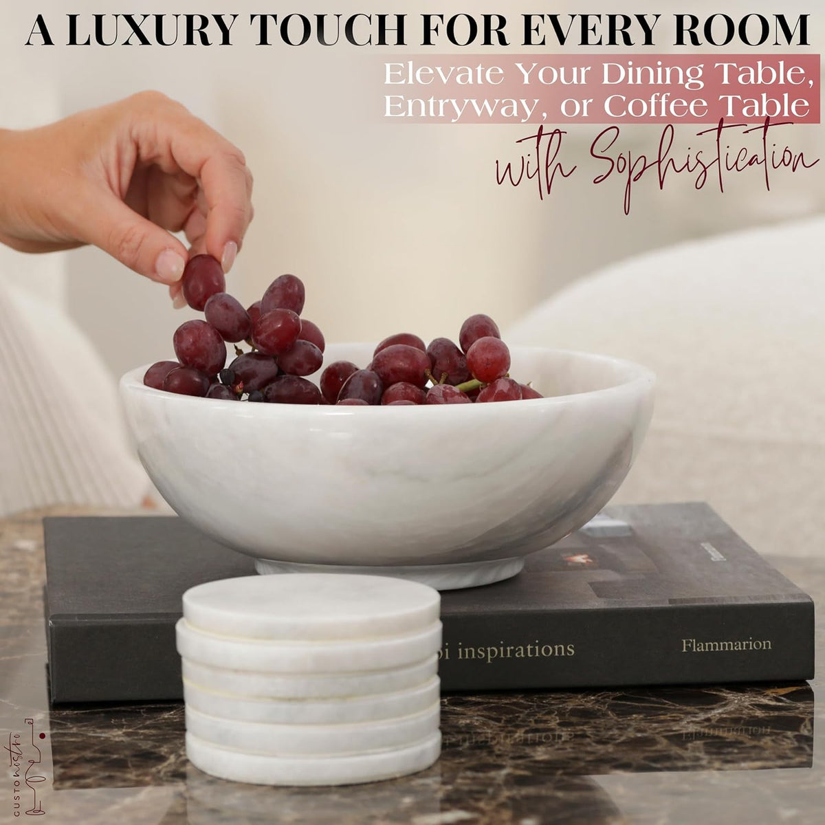 Gusto Nostro 8" Luxury White Marble Decorative Bowl for Coffee Table - Elegant Modern Fruit Bowl