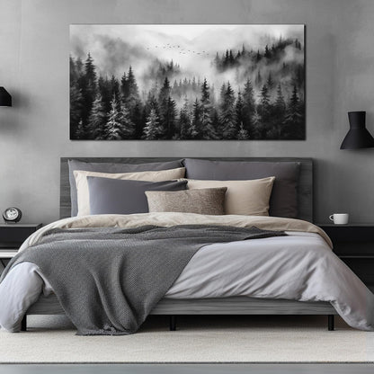 Large Pictures for Living Room Foggy Forest Canvas Wall Art for Bedroom Black Home Office Wall