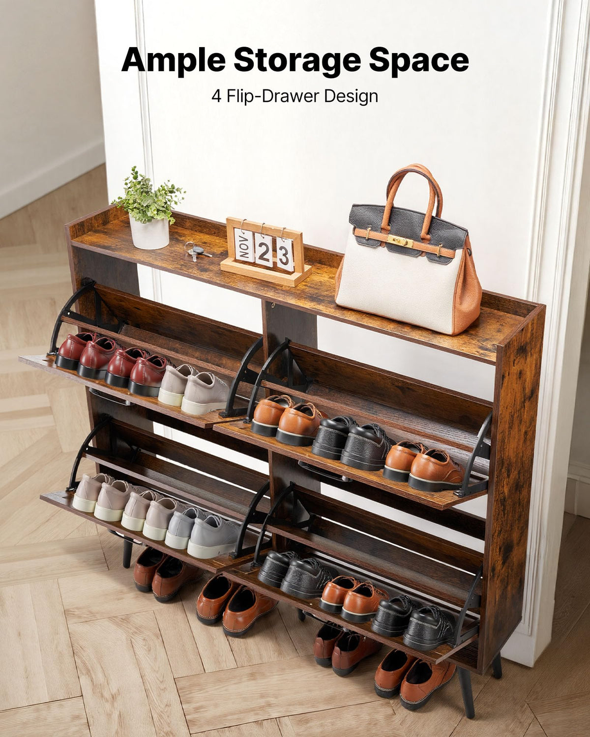 VEVOR Shoe Cabinet with 4 Flip Drawers, Farmhouse Shoes Storage Cabinet with Wood Legs and