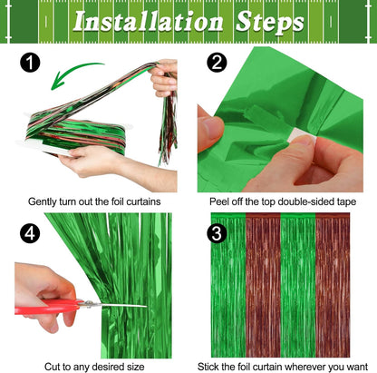 2 Pack Football Party Decorations, 3.28 FT x 7.05 FT Tinsel Backdrop, Brown Green Foil Fringe