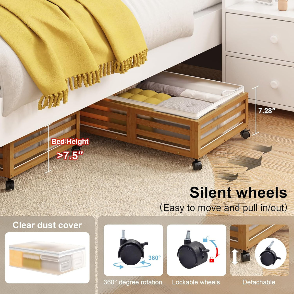 Under Bed Storage with Wheels-Large Bamboo Underbed storage Containers with Large Dust Bag