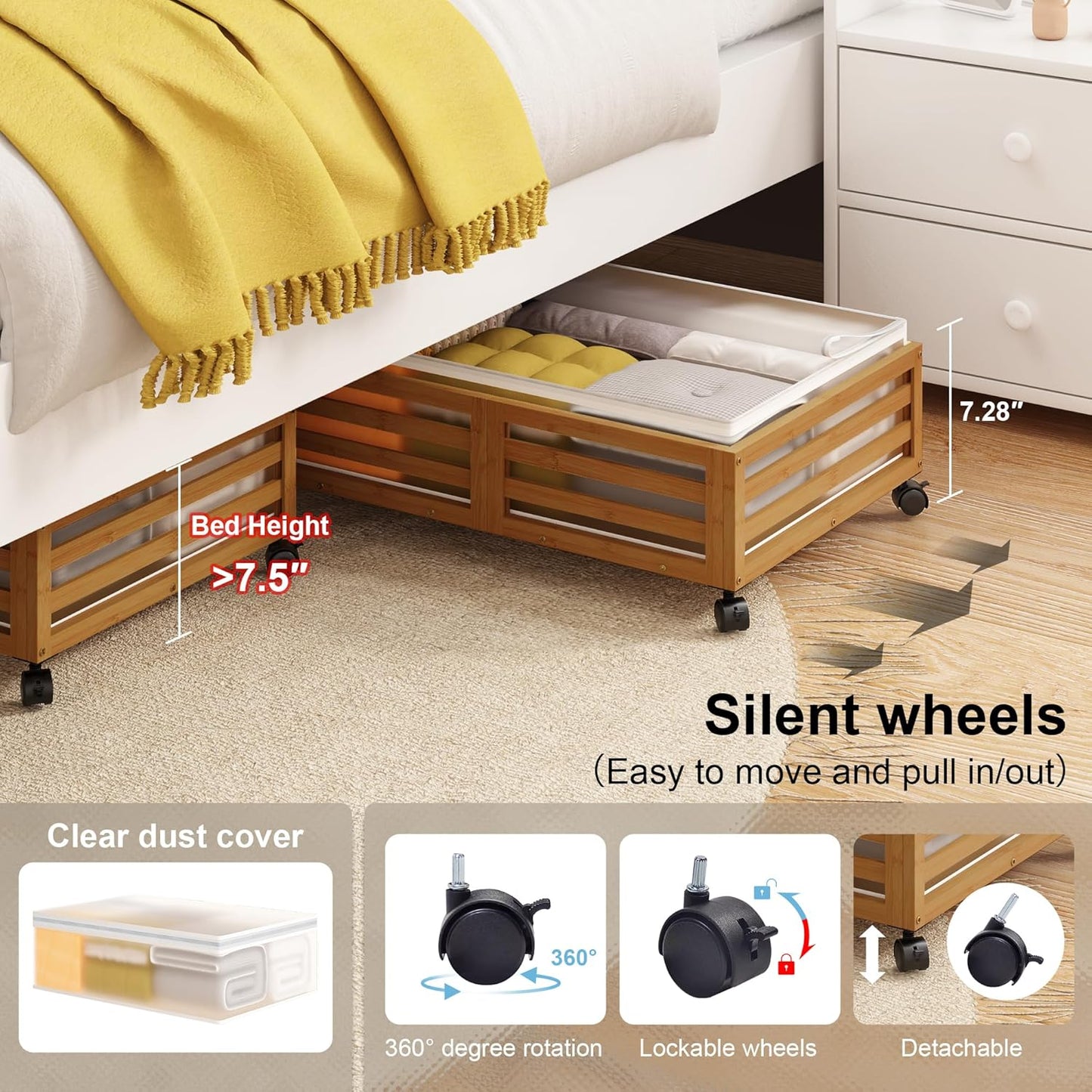 Under Bed Storage Containers With Wheels - 2 Pcs Bamboo Wood Rolling Underbed Shoe Storage Bins
