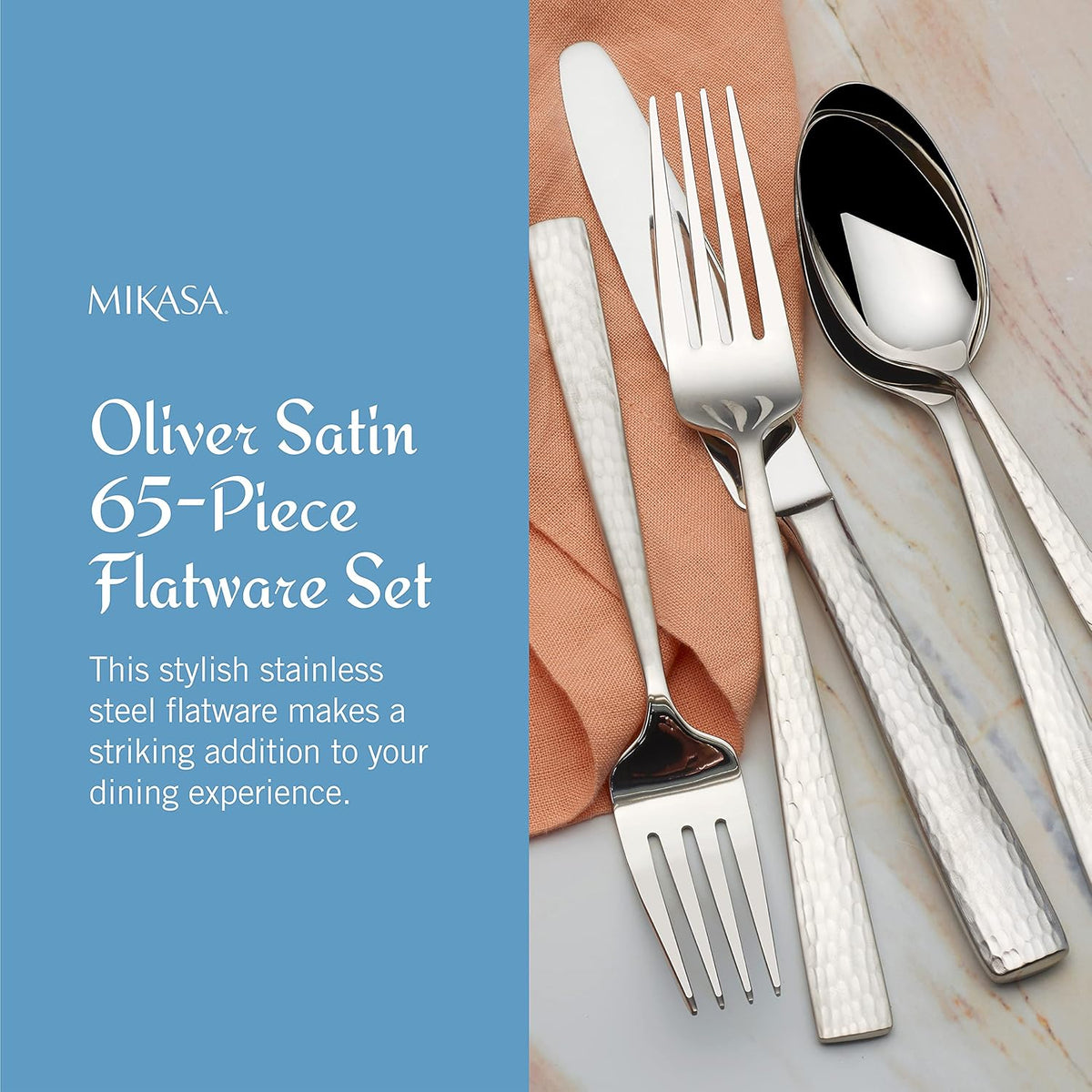 Mikasa Oliver Satin Flatware Set for 12, 65 Piece 18/10 Stainless Steel Silverware with Stylish