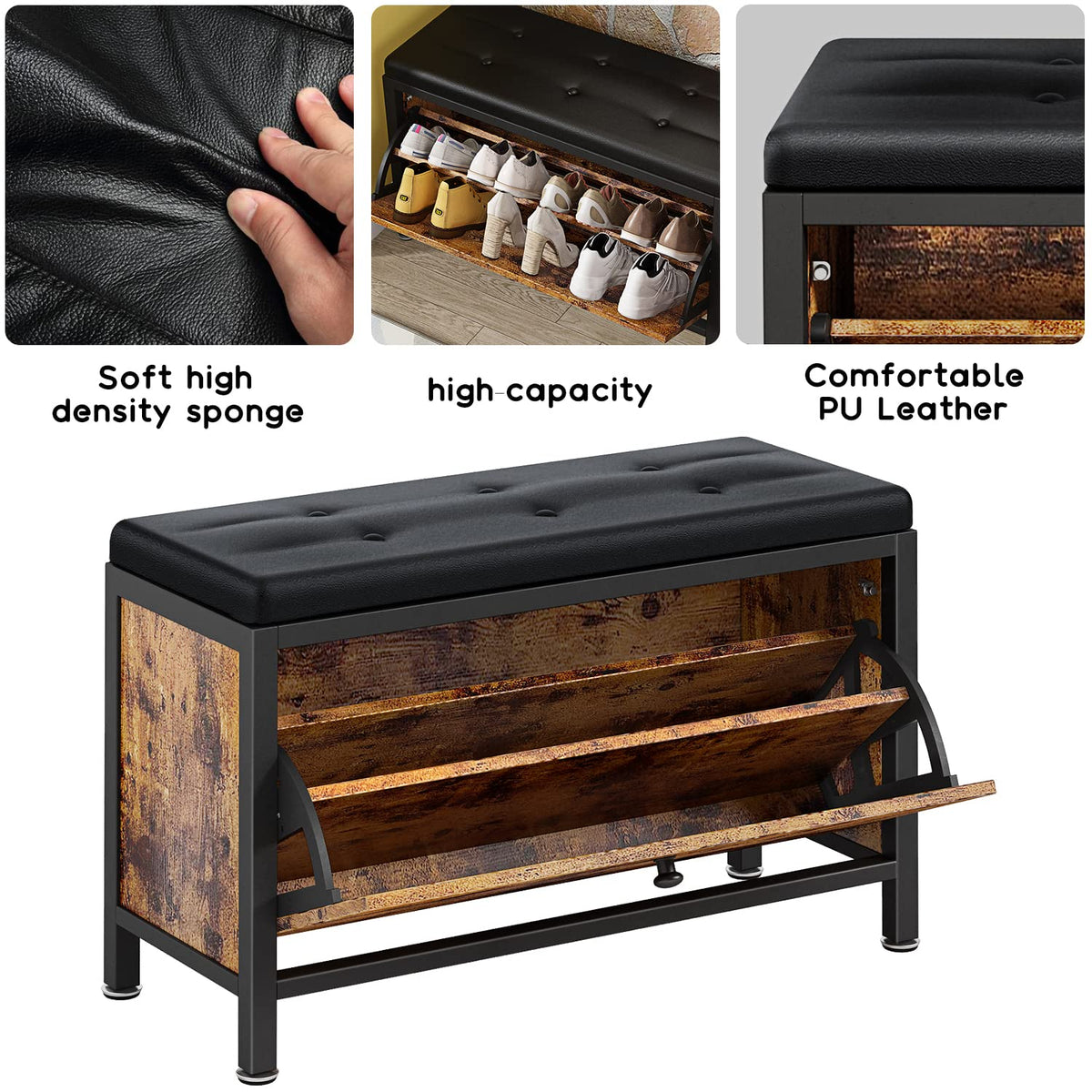 Mostmahes 8-10 Pairs Shoe Storage Bench with Hidden Shoe Rack, Entryway Bench Seat with Shoe