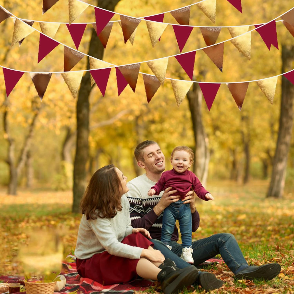 Fall Party Decorations Maroon Gold Brown Metallic Fabric Triangle Pennant Banner Burgundy Flag