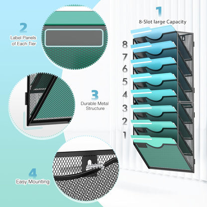8-Tier Wall File Organizer Hanging Wall File Holder Wall Mount Paper Folder Organize, Mesh Magazine