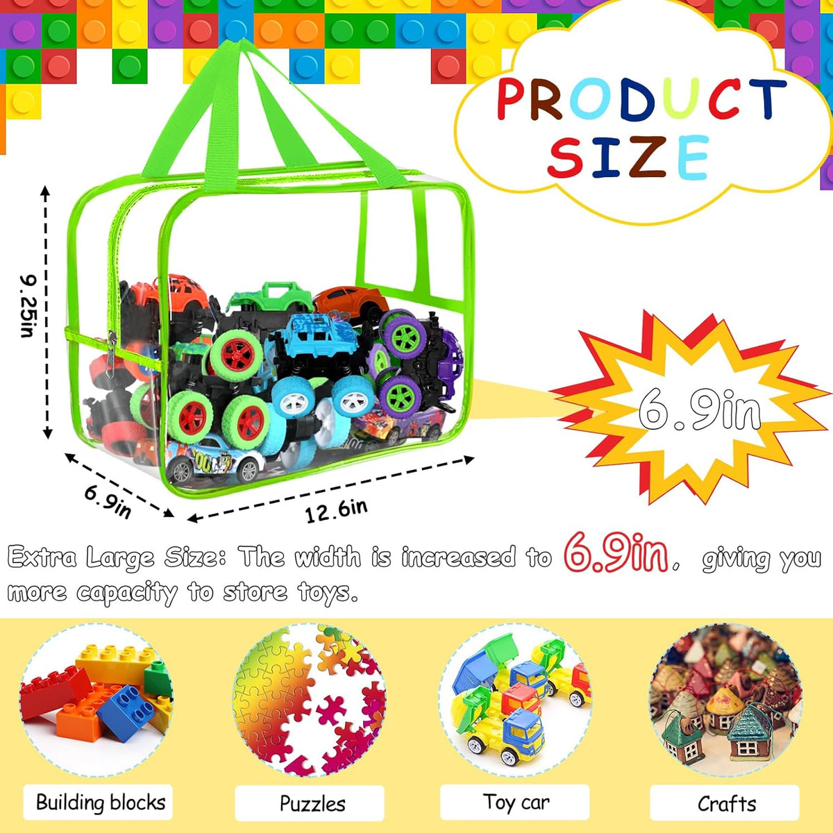 6 Colors Widen X-Large Toy Storage Bags 12.6×9.25×6.9In with Labels, Reusable Clear PVC Board Game
